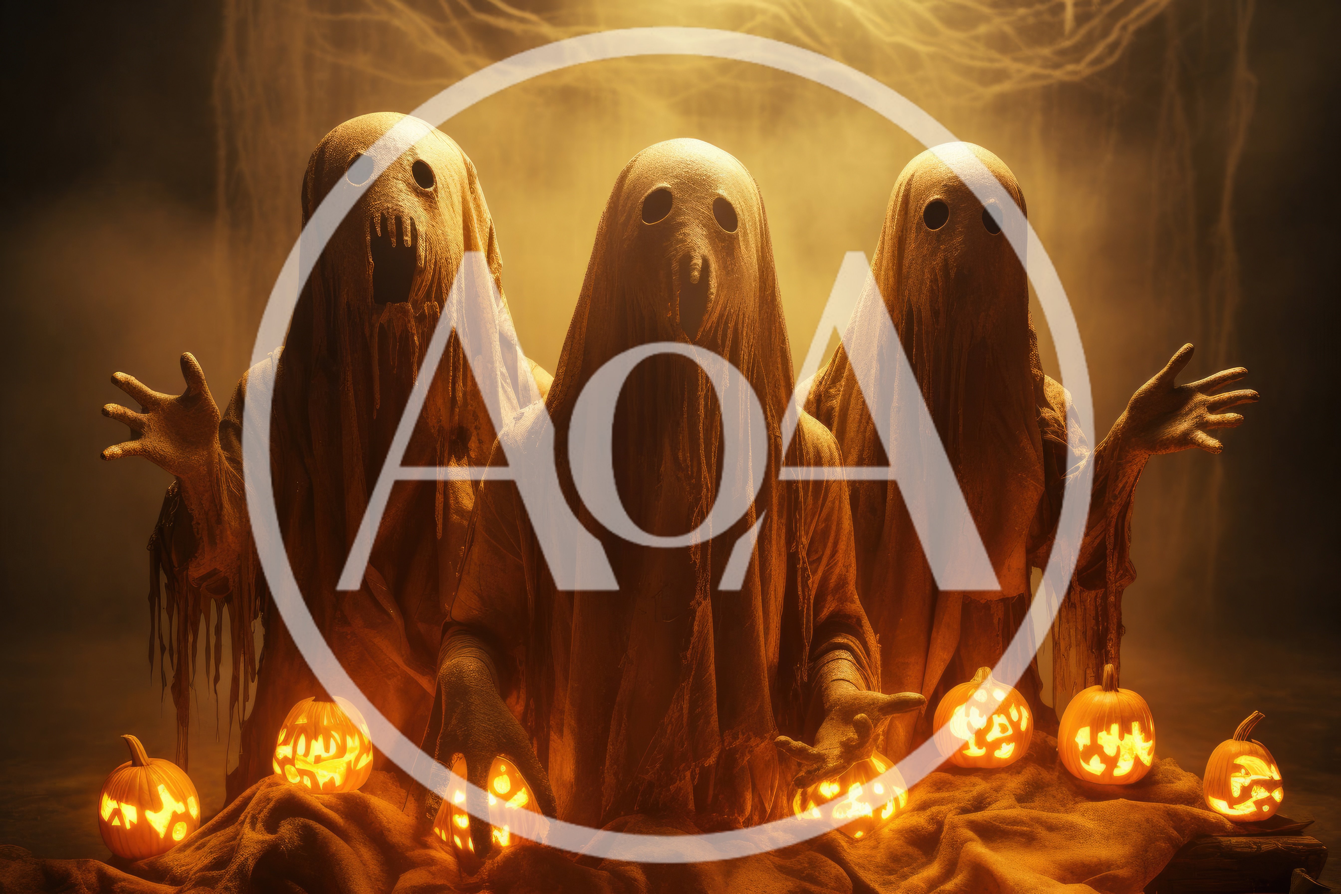 Three Spooky Ghosts With Glowing Jack O Lanterns