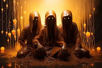 Three Mysterious Hooded Figures Sitting In Mud