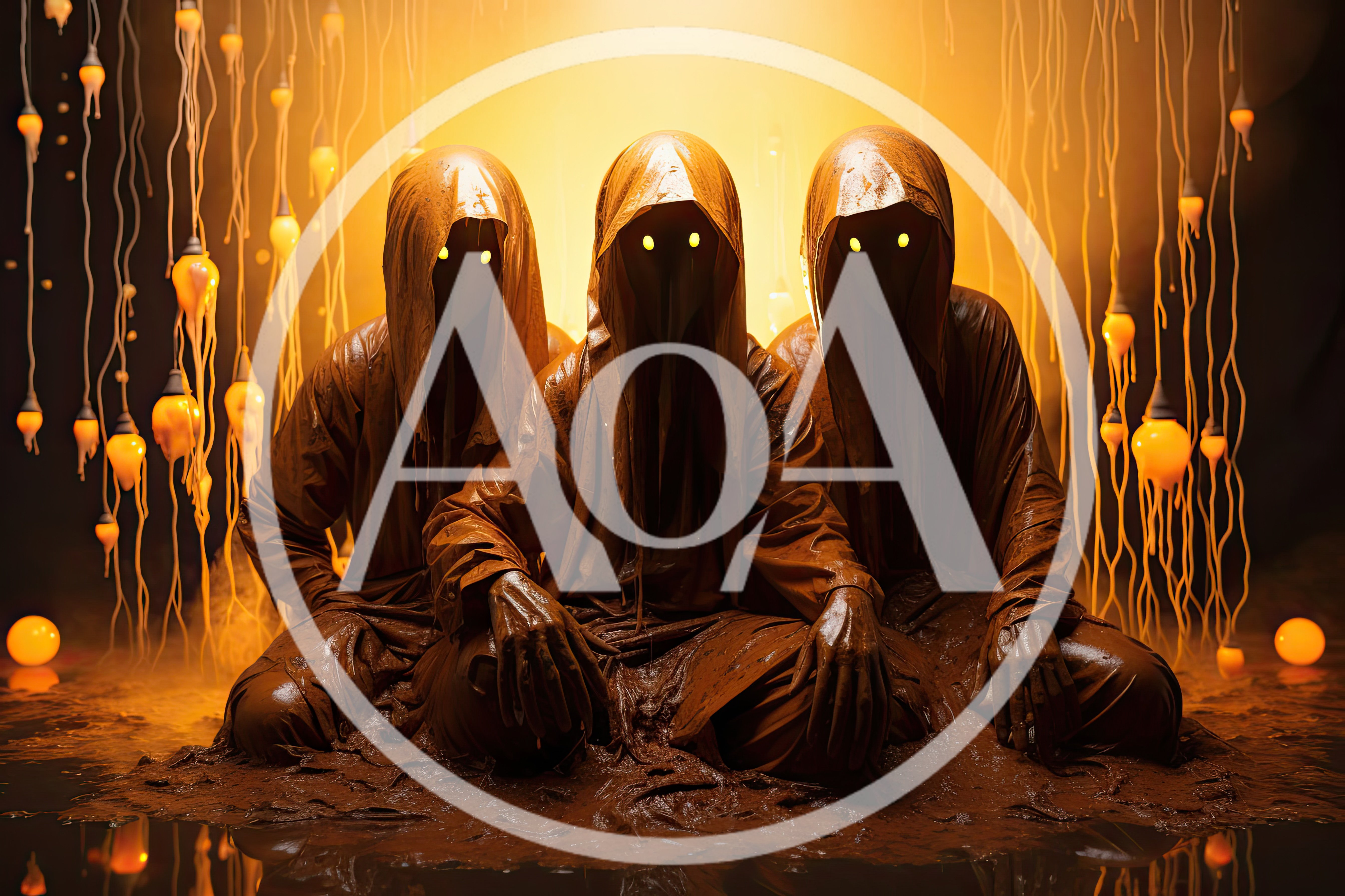 Three Mysterious Hooded Figures Sitting In Mud