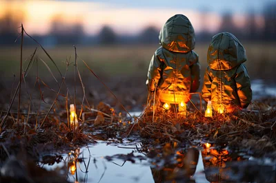 Two Children Standing In A Field With Glowing Lanterns