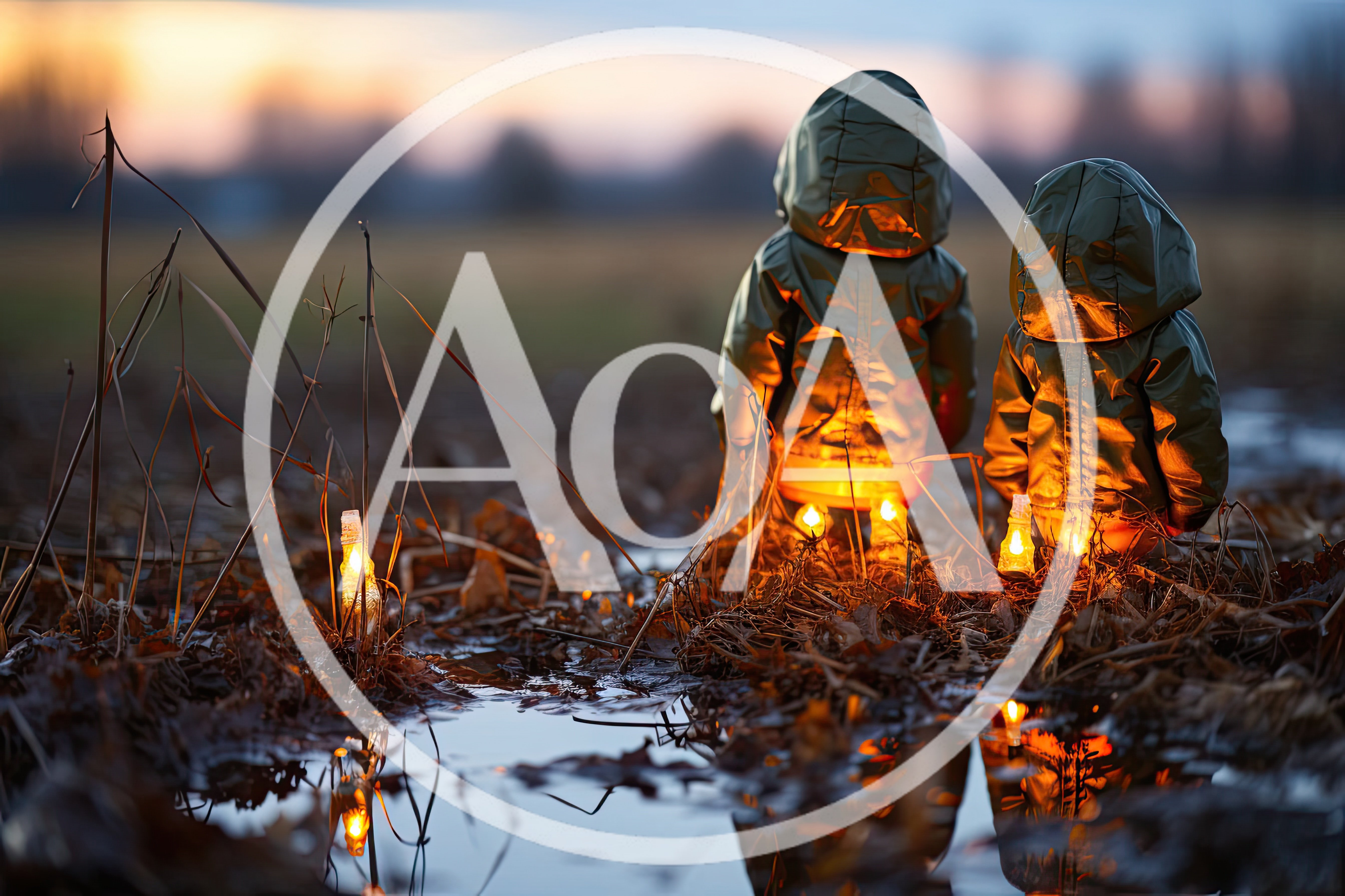 Two Children Standing In A Field With Glowing Lanterns