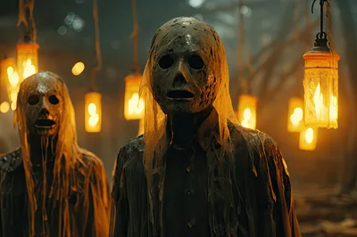 Two Eerie Figures Wearing Masks In A Dark Forest