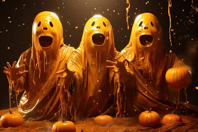 Three Melting Ghost Figures With Pumpkins