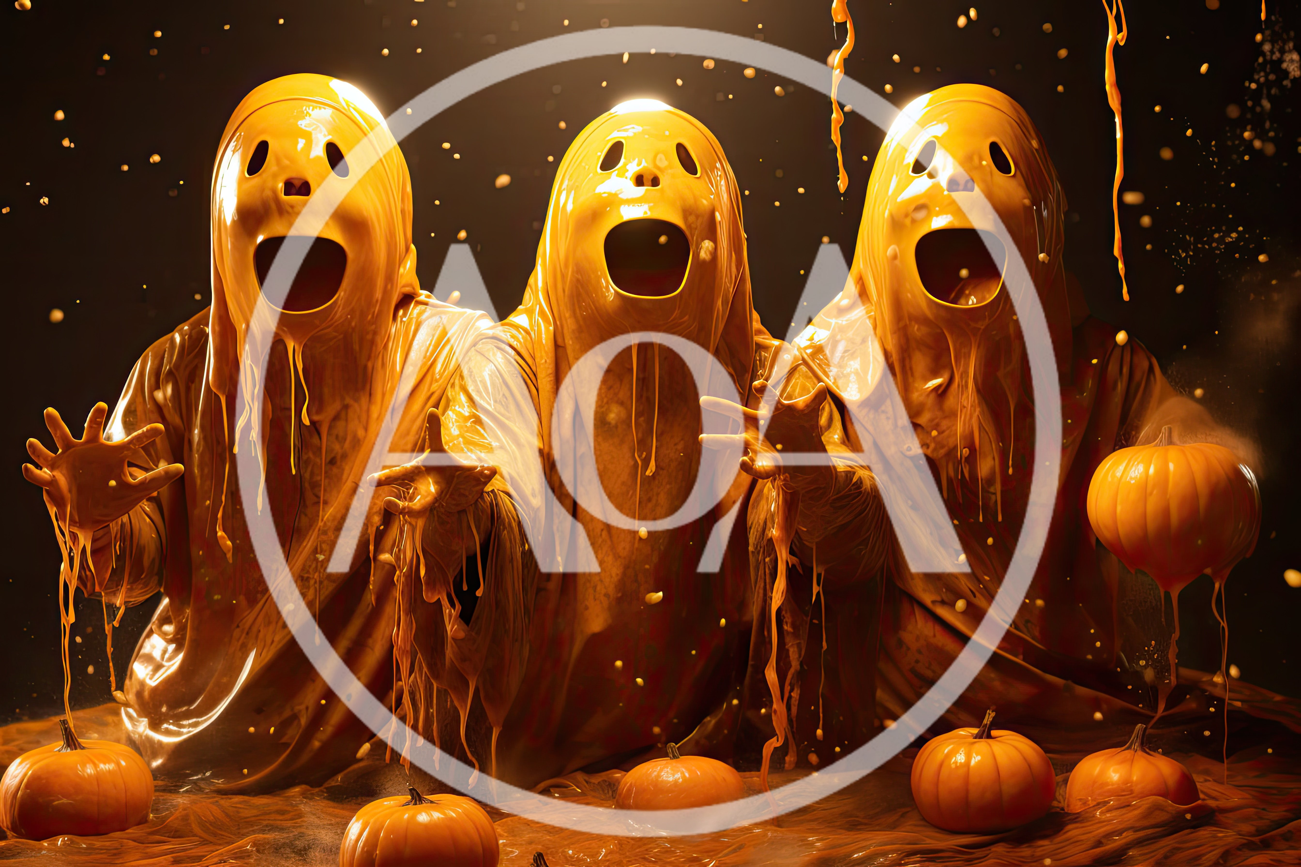 Three Melting Ghost Figures With Pumpkins