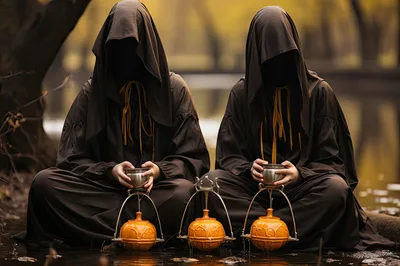 Two Hooded Figures Holding Metal Cups Near Orange Lanterns