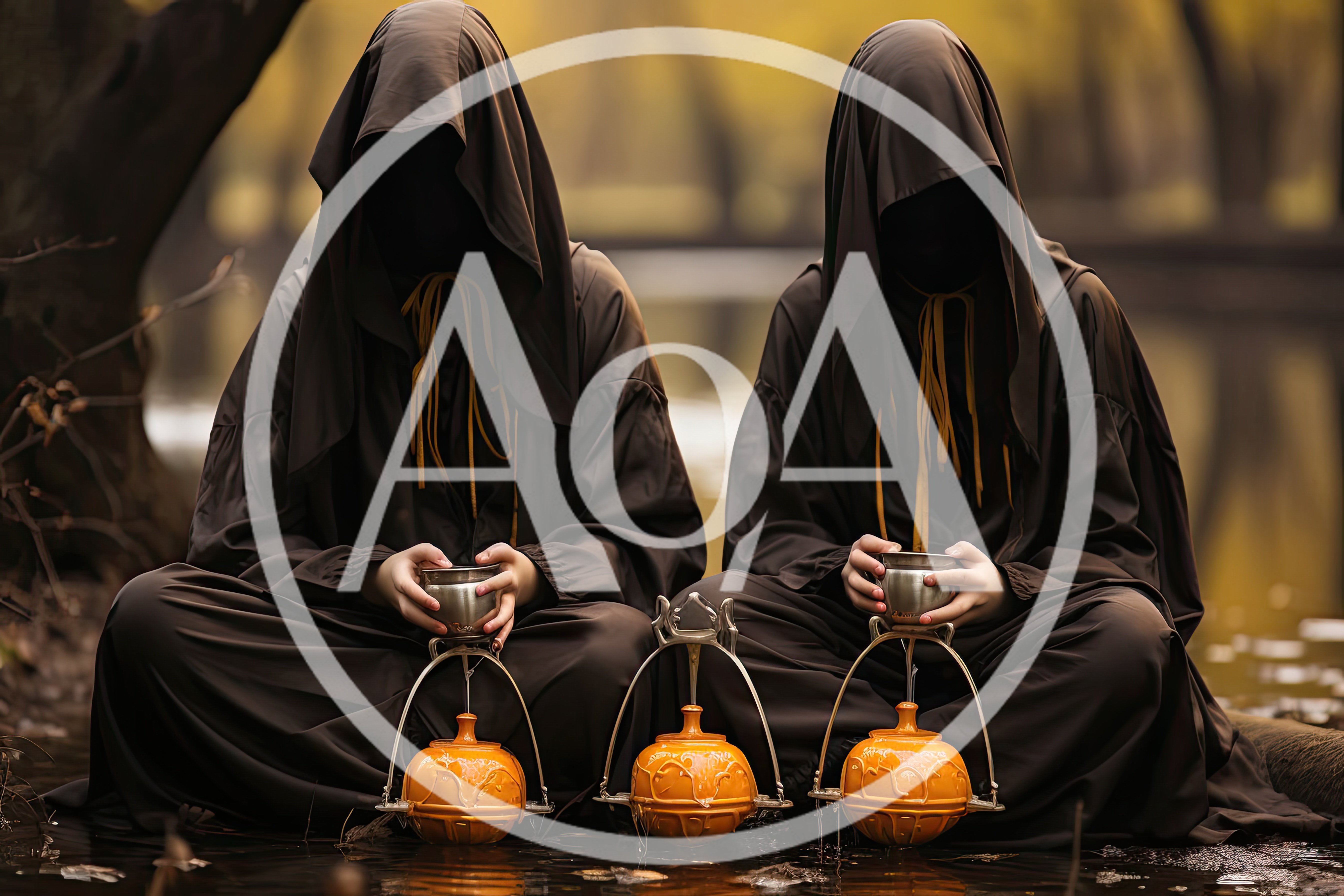 Two Hooded Figures Holding Metal Cups Near Orange Lanterns