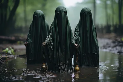 Three Eerie Cloaked Figures Standing In A Swamp