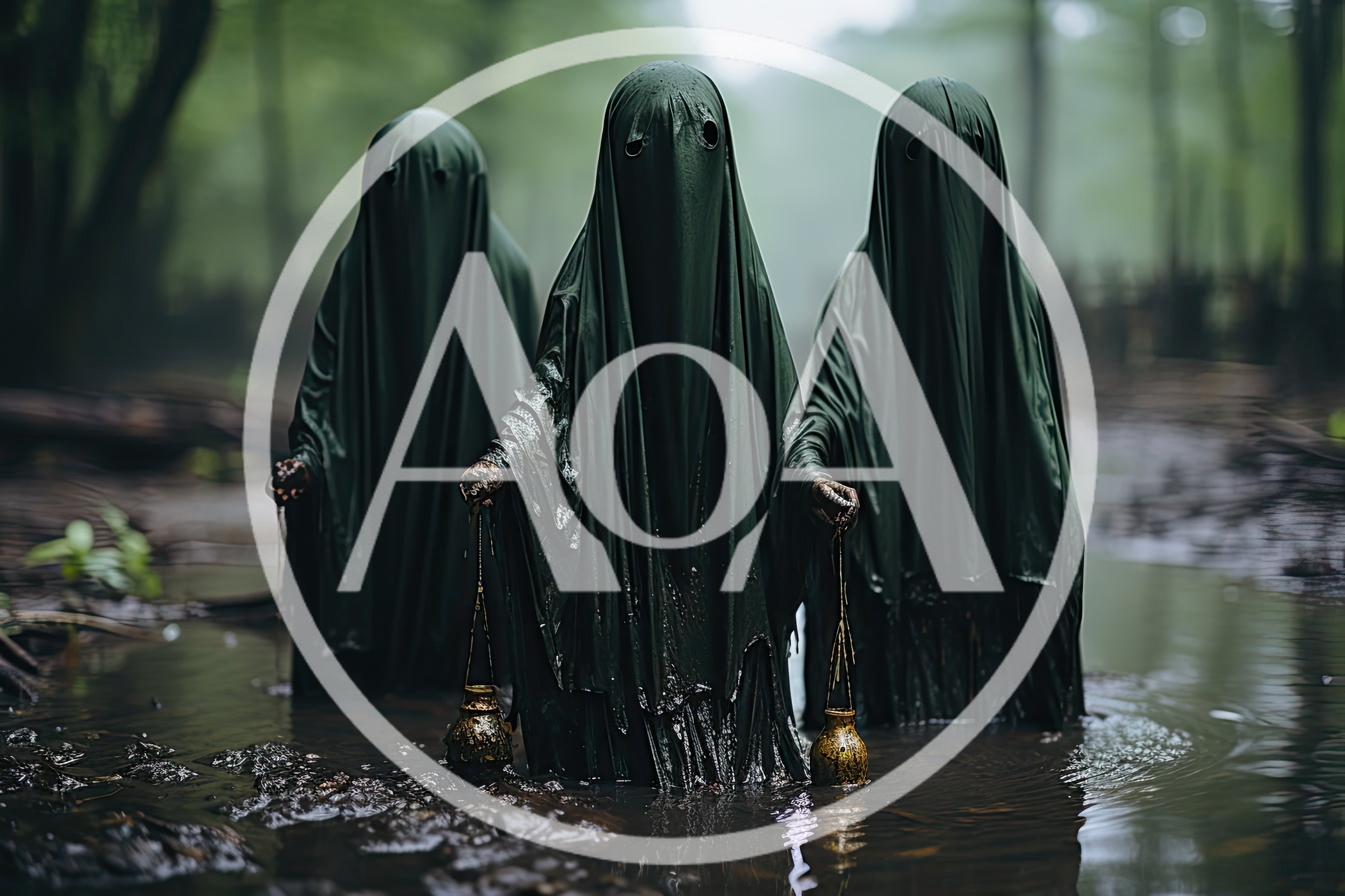 Three Eerie Cloaked Figures Standing In A Swamp