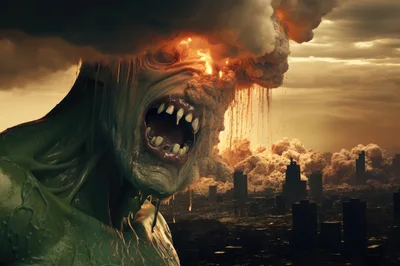 Giant Monstrous Creature Destroying A Modern City