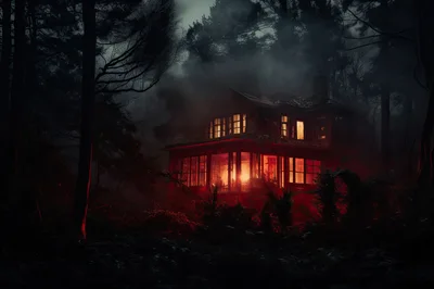 Haunted House In Dark Forest At Night