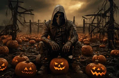 Grim Reaper Figure Sitting Among Glowing Jack O Lanterns
