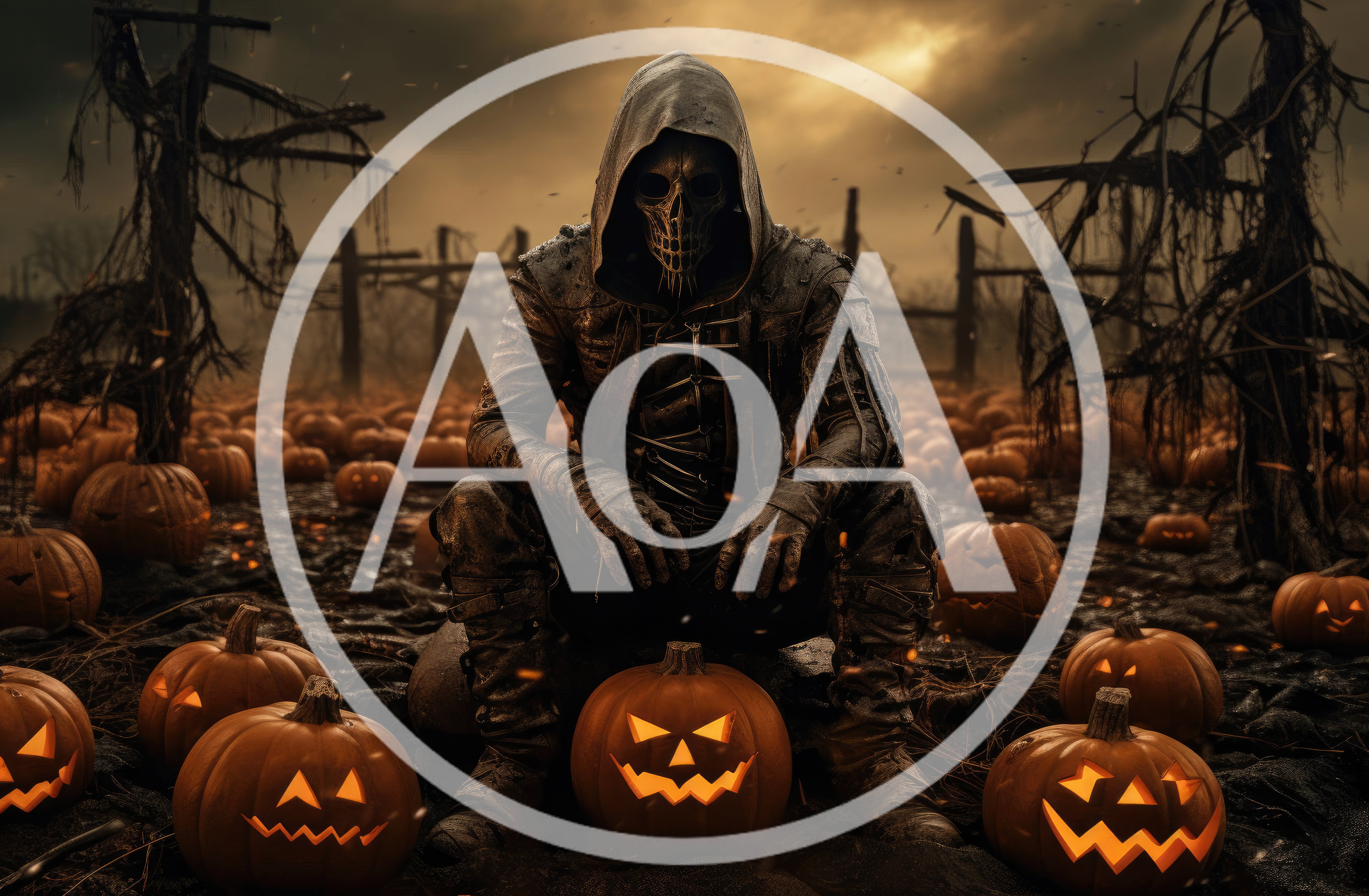 Grim Reaper Figure Sitting Among Glowing Jack O Lanterns