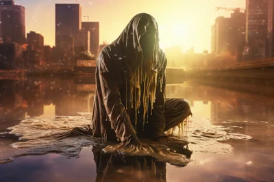 Mysterious Hooded Figure Kneeling In Golden City Water
