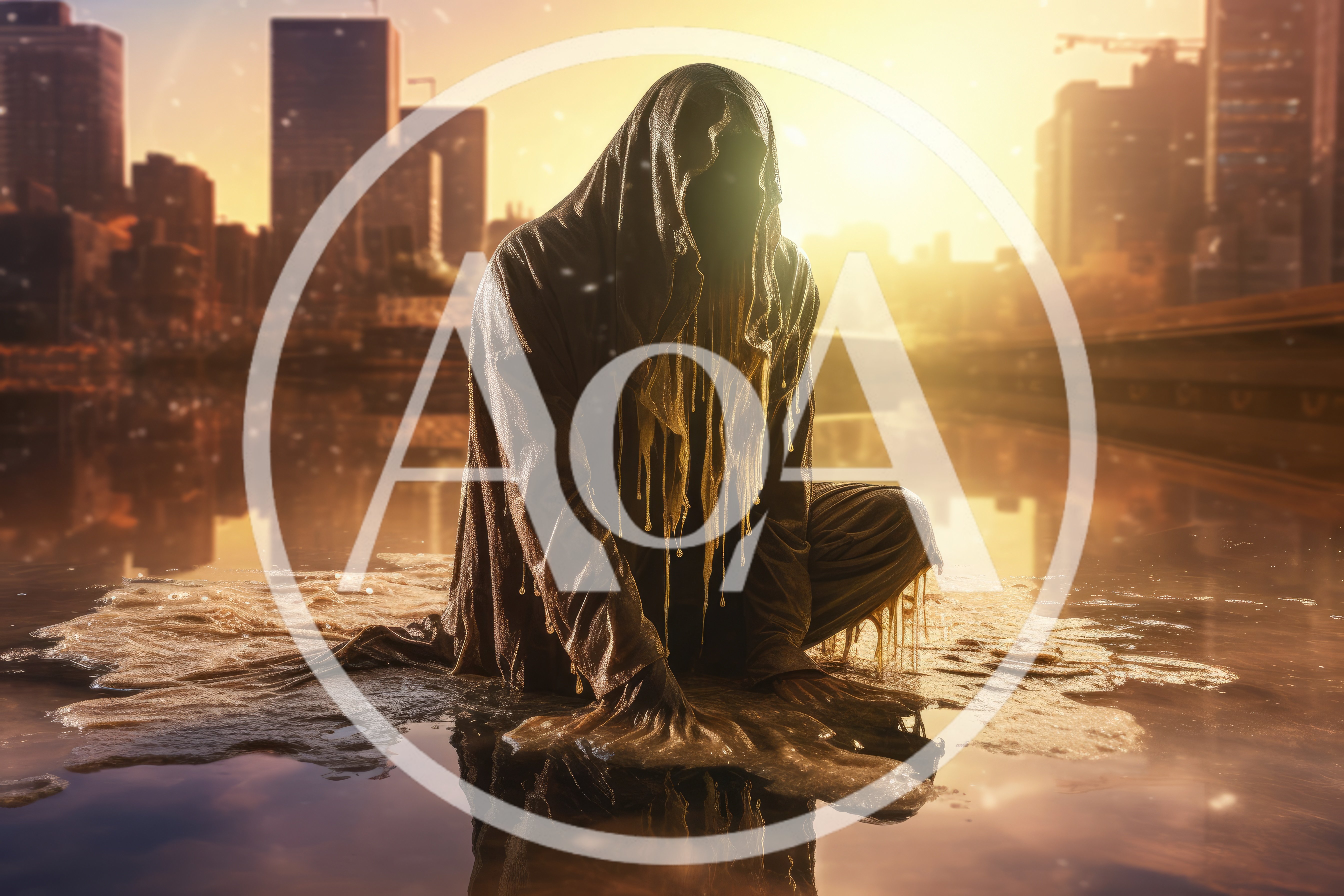 Mysterious Hooded Figure Kneeling In Golden City Water