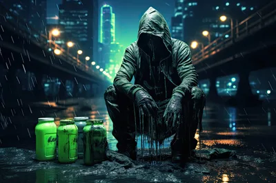 Hooded Figure Squatting In A Rainy Cyberpunk City