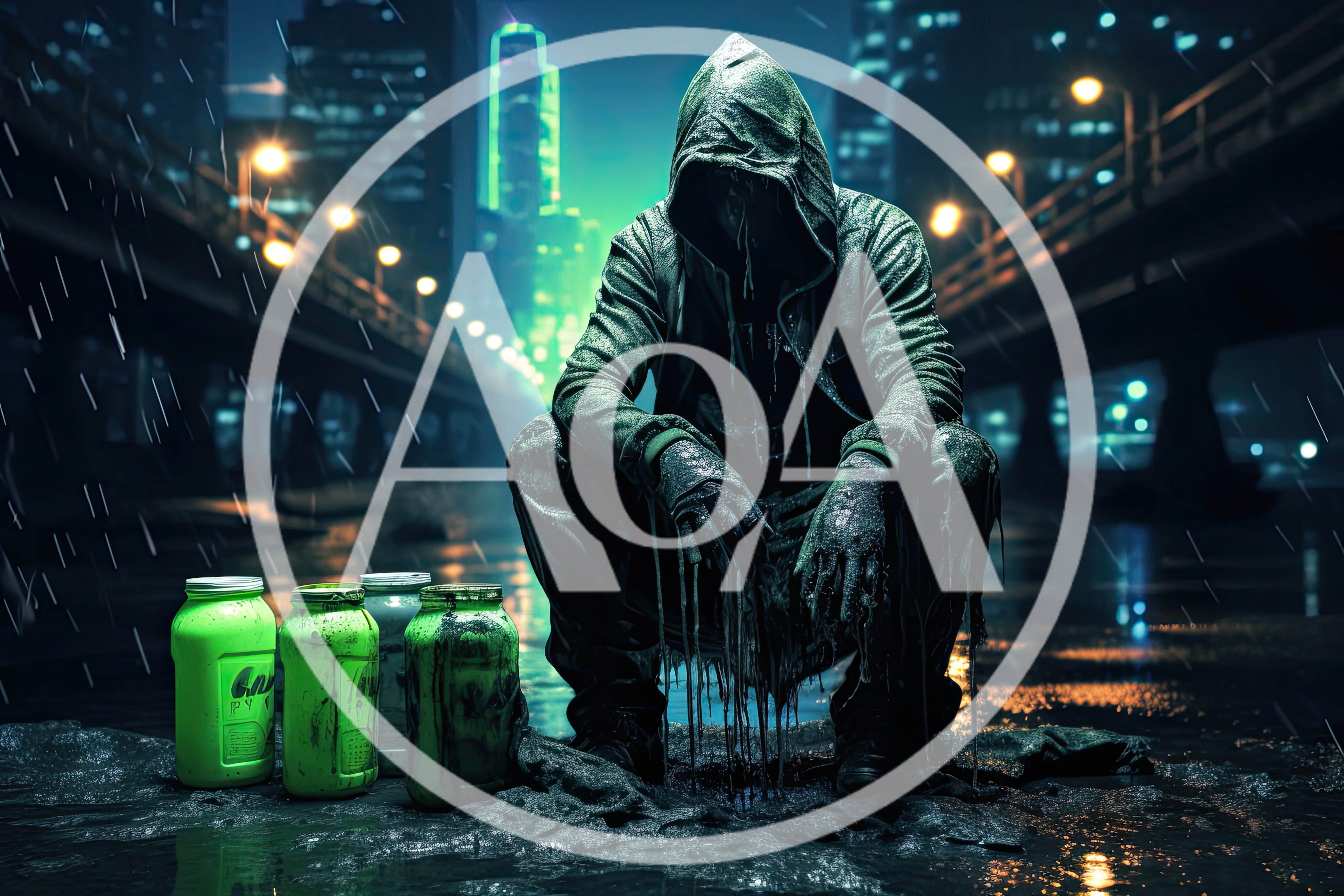 Hooded Figure Squatting In A Rainy Cyberpunk City