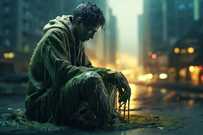Depressed Person Sitting In Rain On City Street