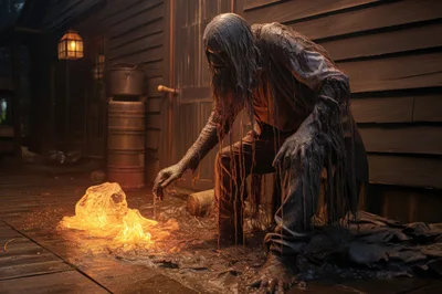 Dark Swamp Creature Interacting With Glowing Magical Substance
