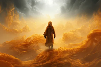 Hooded Figure Walking Through Ethereal Golden Mist