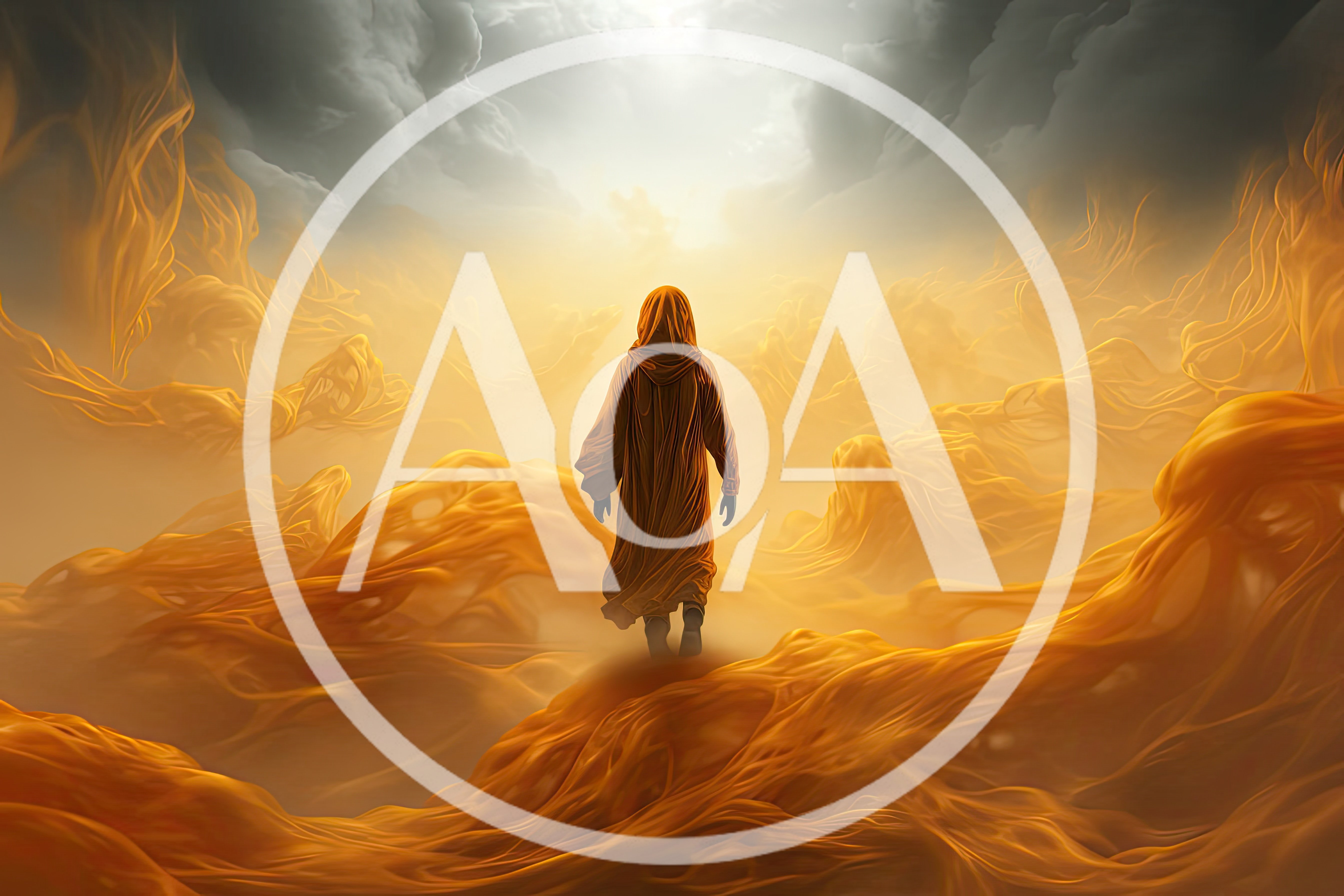 Hooded Figure Walking Through Ethereal Golden Mist