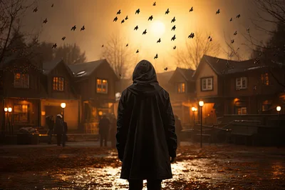 Person in Hooded Cloak Standing in Foggy Village
