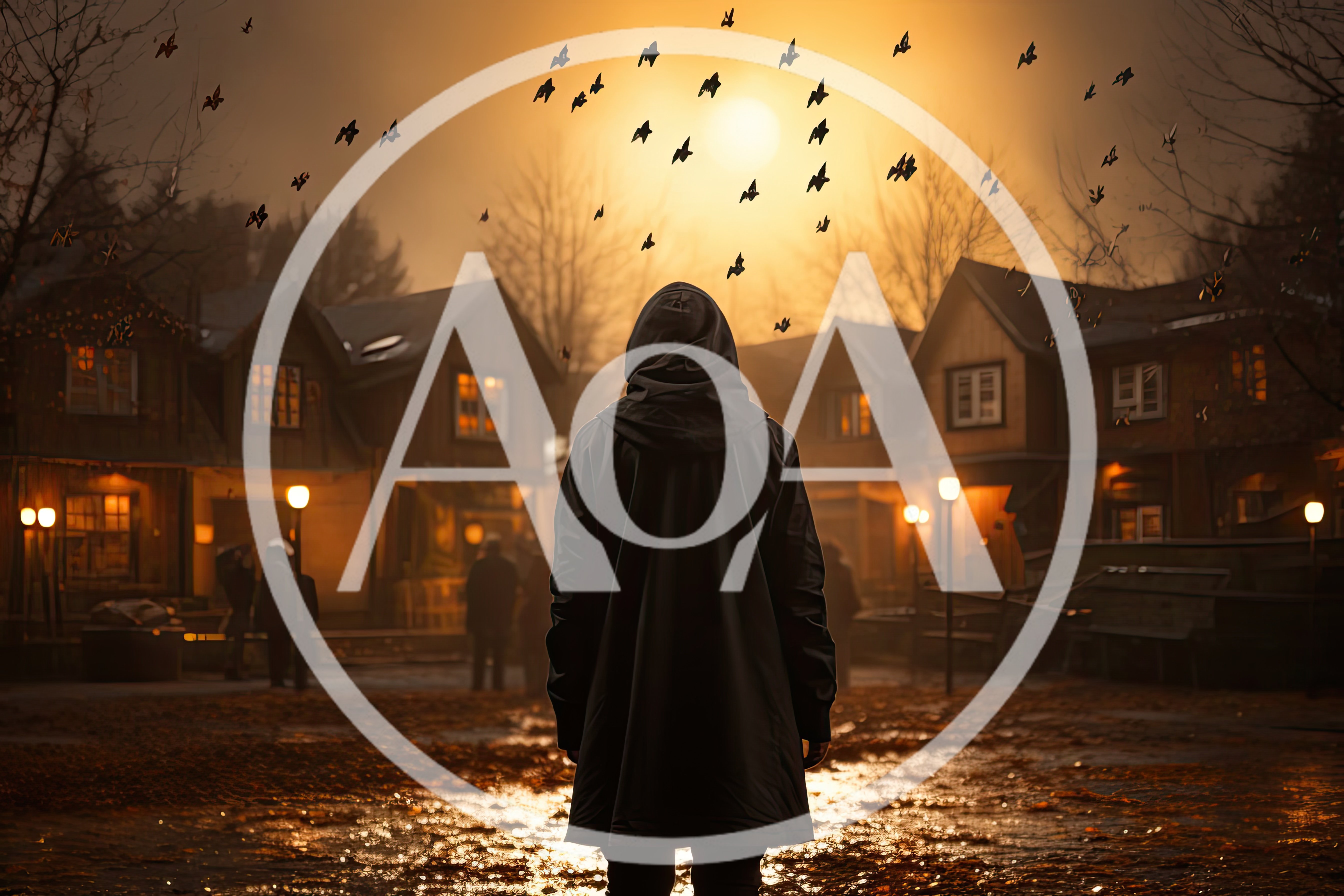 Person in Hooded Cloak Standing in Foggy Village