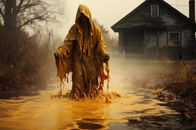Eerie Hooded Figure Emerging From Golden Liquid