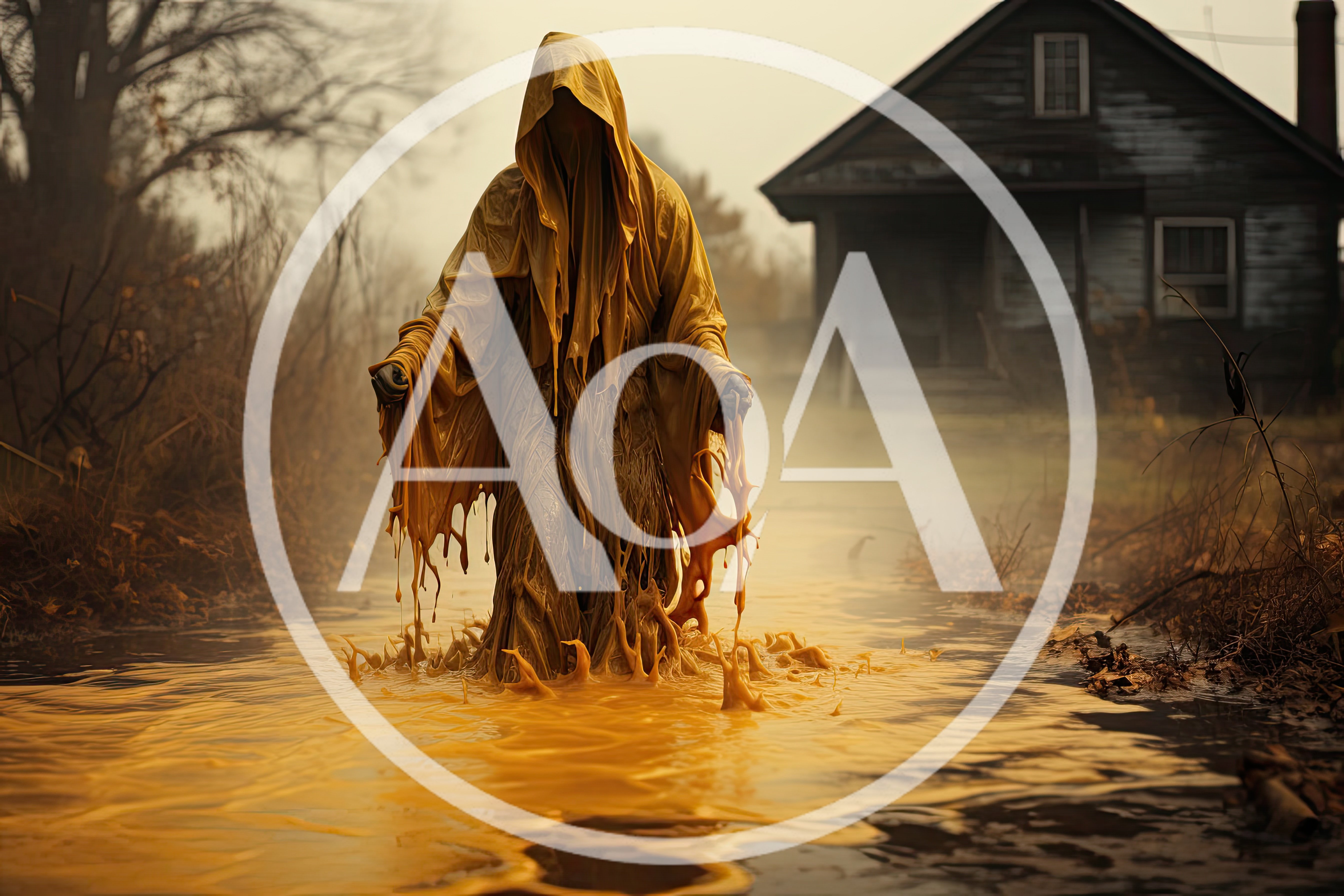 Eerie Hooded Figure Emerging From Golden Liquid