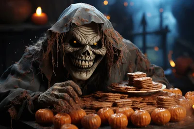 Creepy Skeleton Creature Reaching For Halloween Cookies