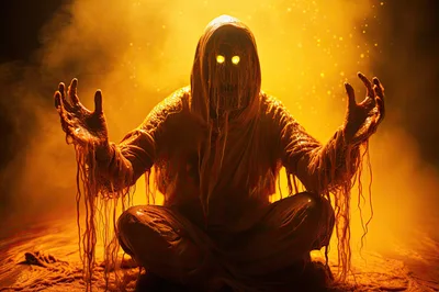 Eerie Hooded Figure With Glowing Eyes In Golden Mist
