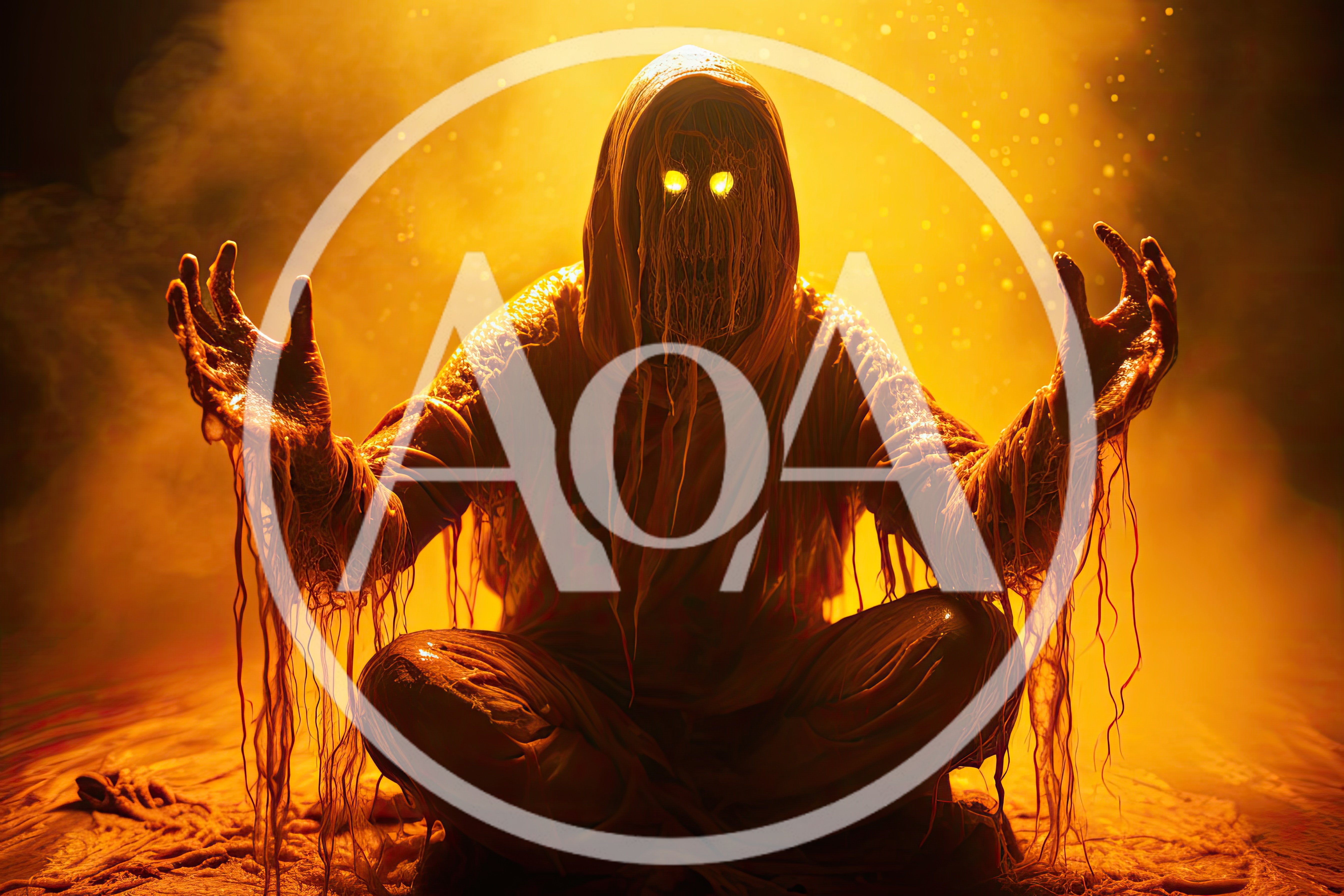 Eerie Hooded Figure With Glowing Eyes In Golden Mist