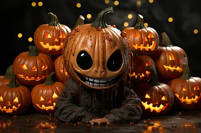Creepy Pumpkin Head Character Surrounded By Jack O Lanterns