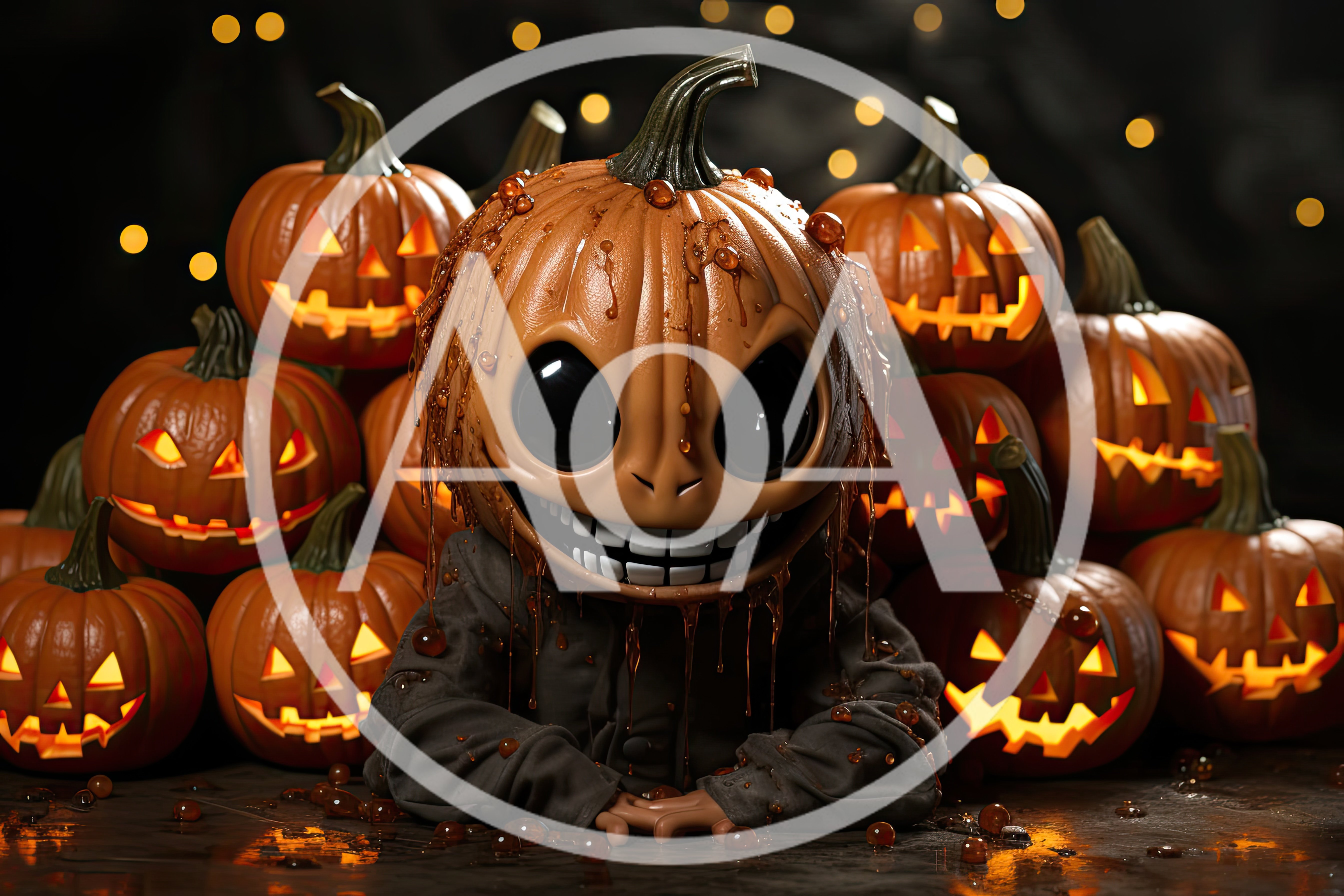 Creepy Pumpkin Head Character Surrounded By Jack O Lanterns