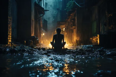 Person Meditating In Rain In Dark Urban Alleyway