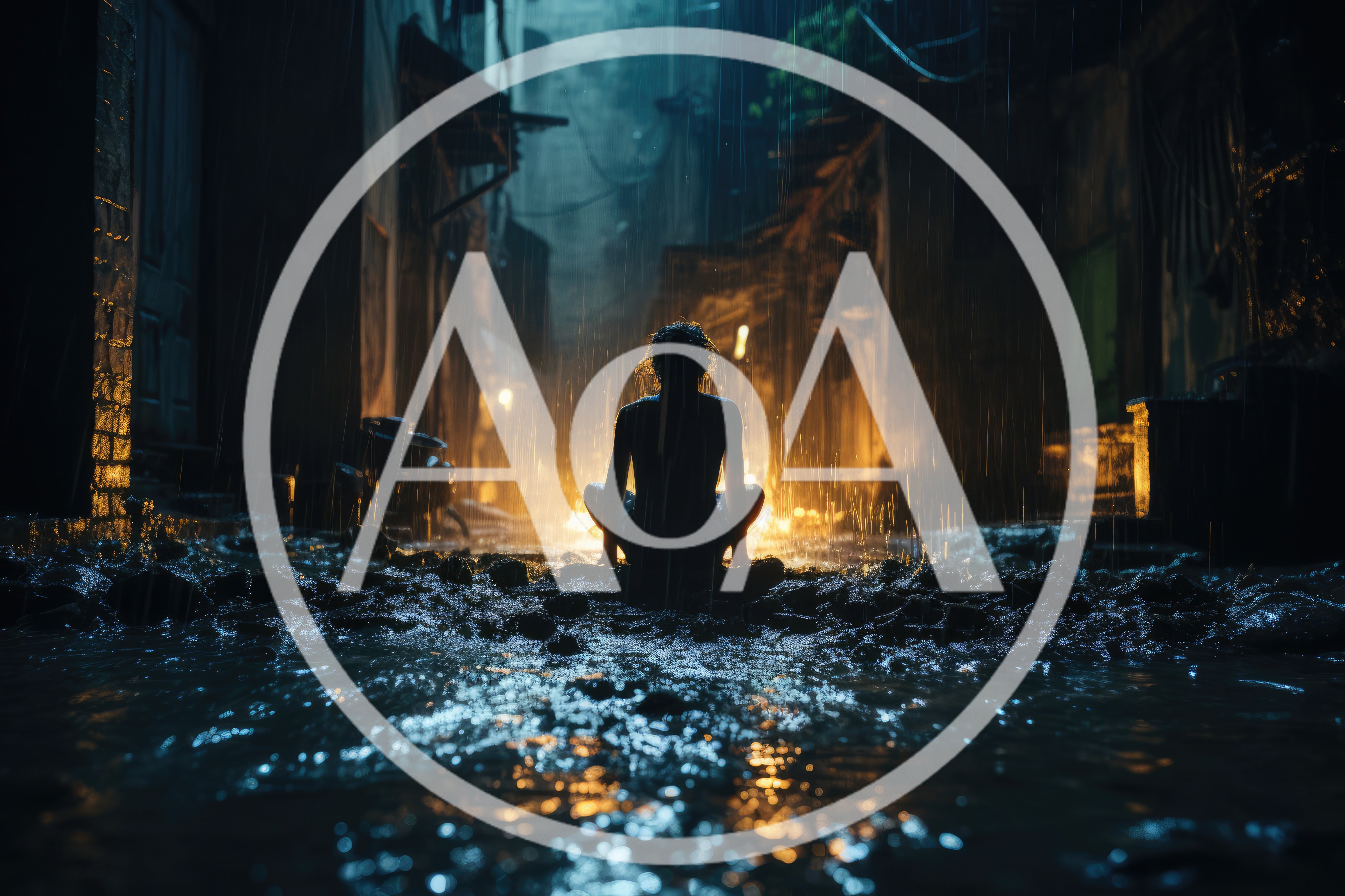 Person Meditating In Rain In Dark Urban Alleyway