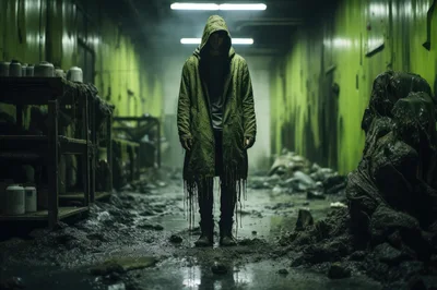 Mysterious Hooded Figure Standing In A Dilapidated Industrial Corridor