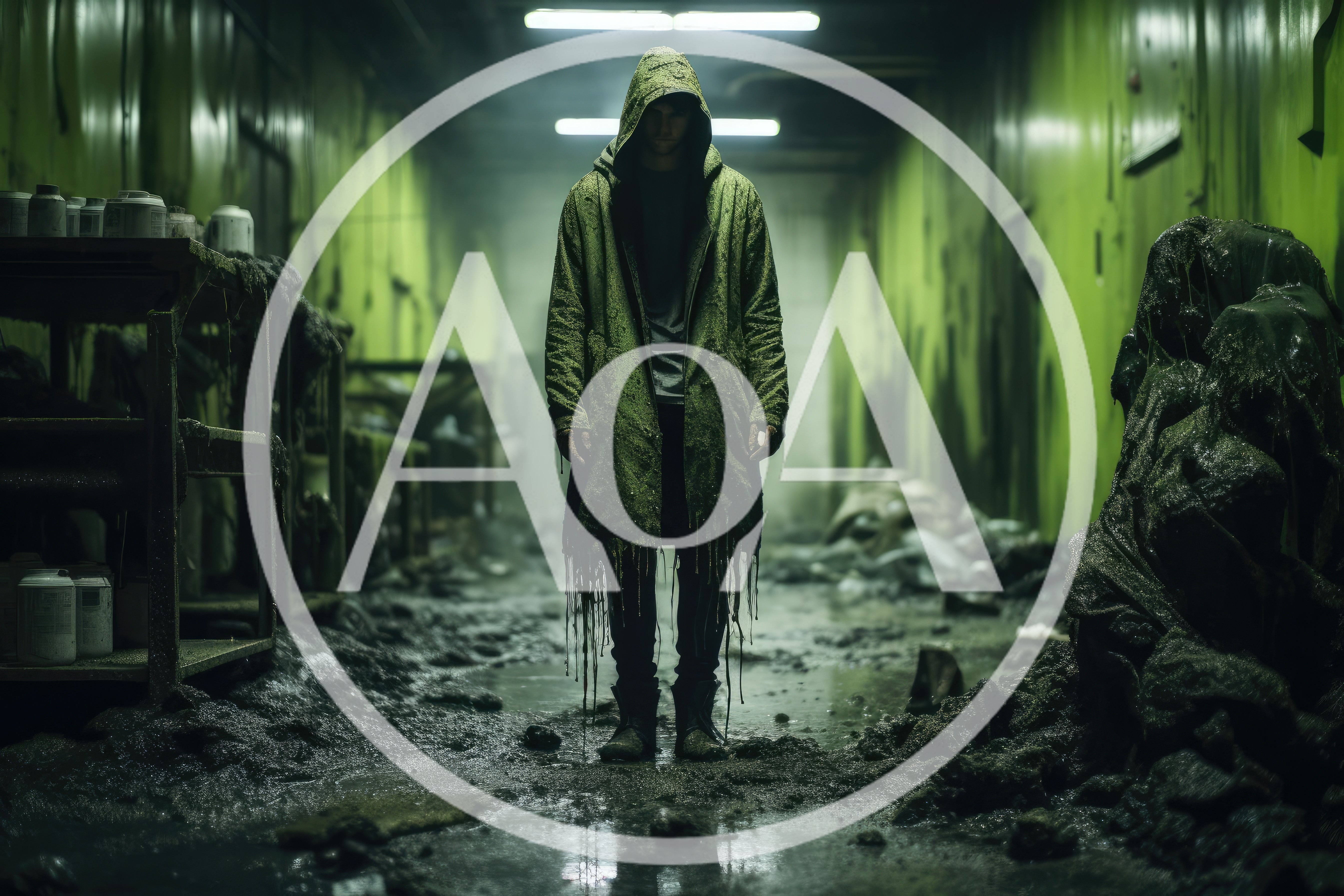 Mysterious Hooded Figure Standing In A Dilapidated Industrial Corridor