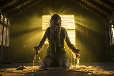 Eerie Figure Covered In Slime Kneeling In Abandoned Cabin