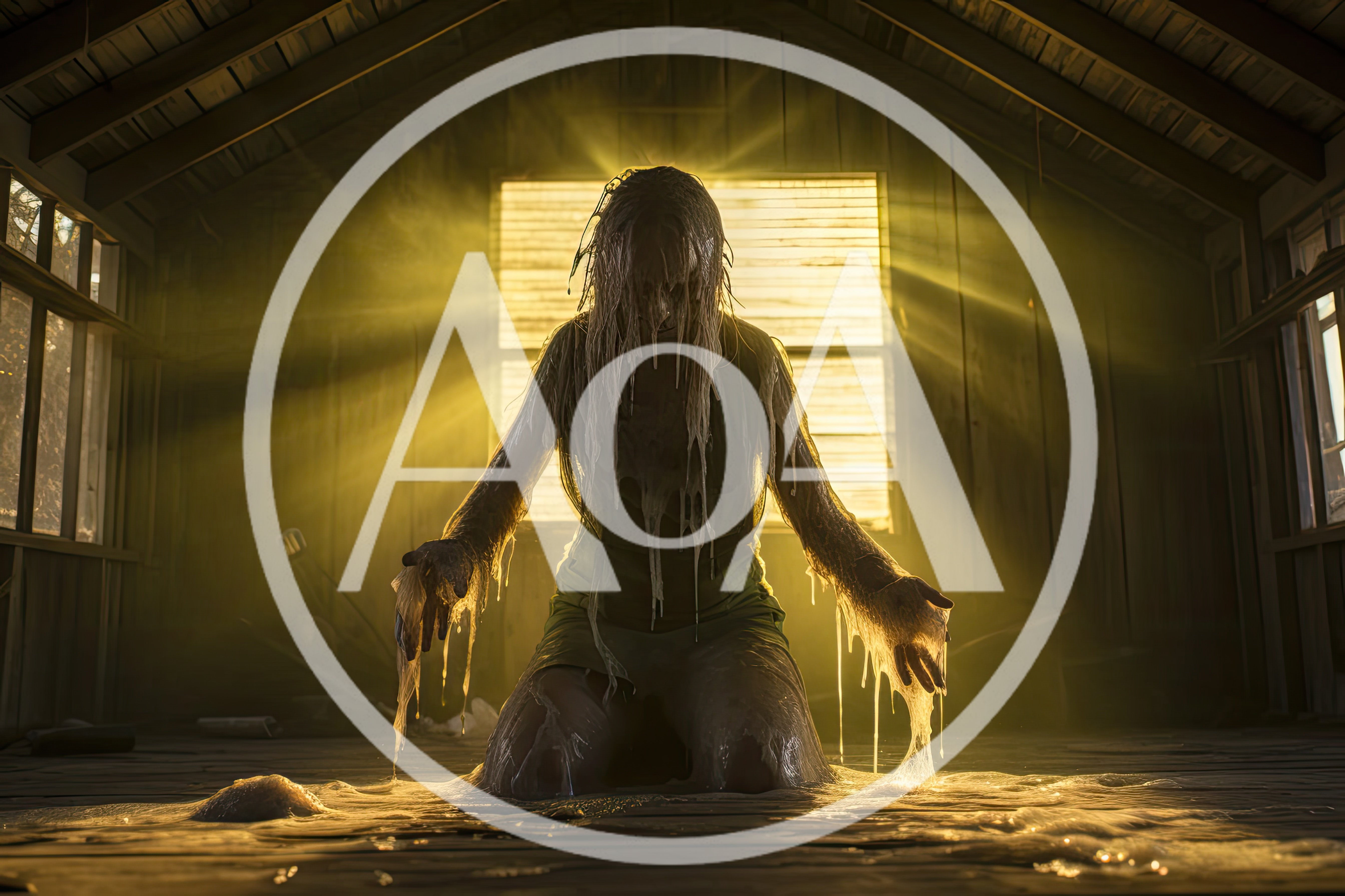 Eerie Figure Covered In Slime Kneeling In Abandoned Cabin