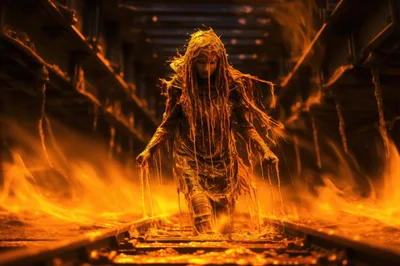 Eerie Figure Covered In Molten Slime On Train Tracks