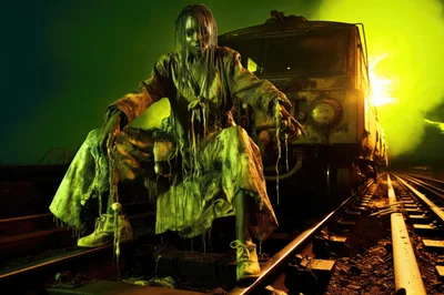 Horror Zombie Figure Sitting On Abandoned Train Tracks