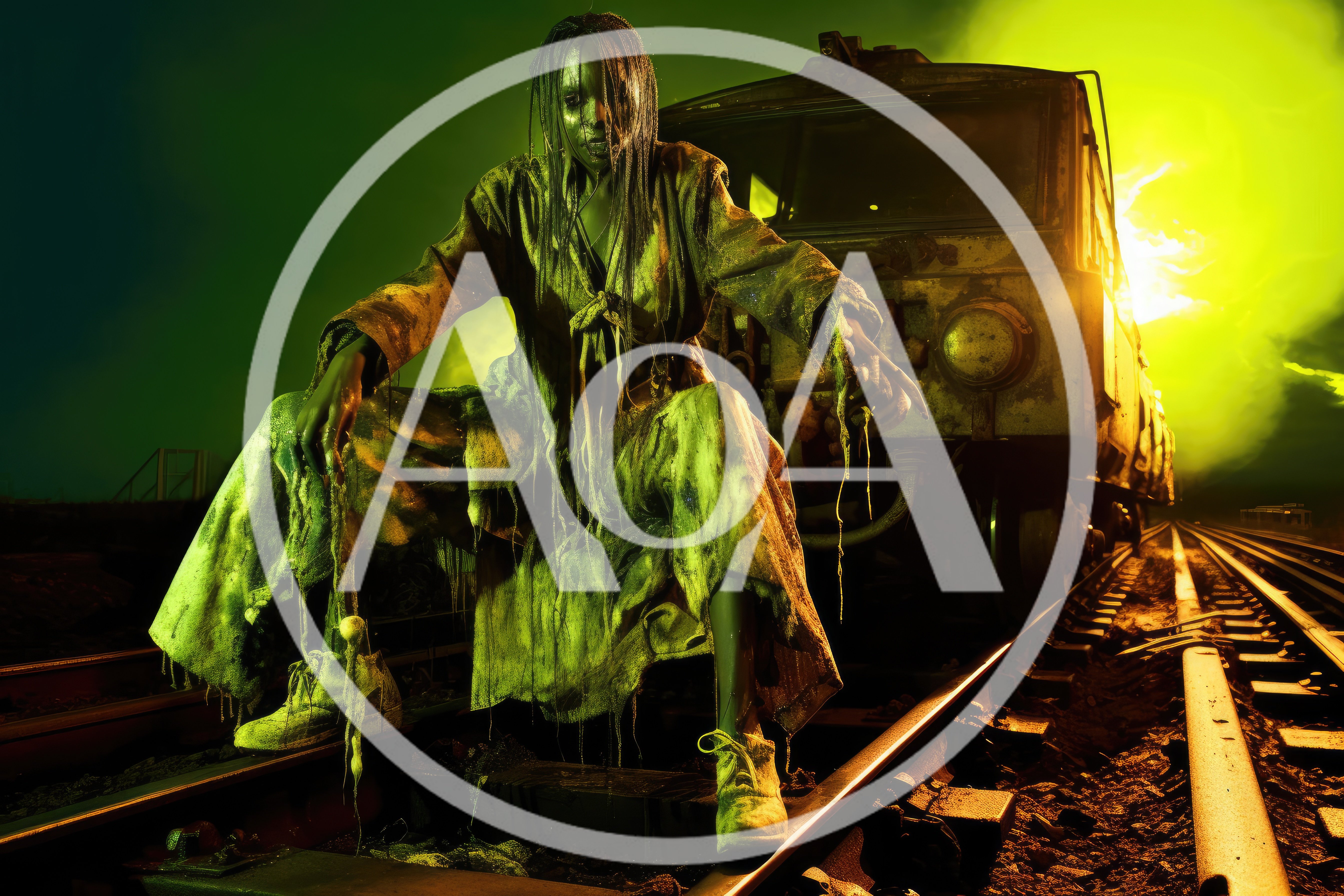 Horror Zombie Figure Sitting On Abandoned Train Tracks