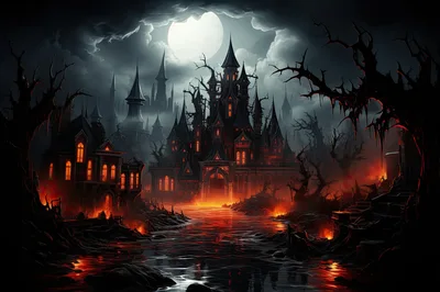 Gothic Haunted Castle With Glowing Windows Under Full Moon