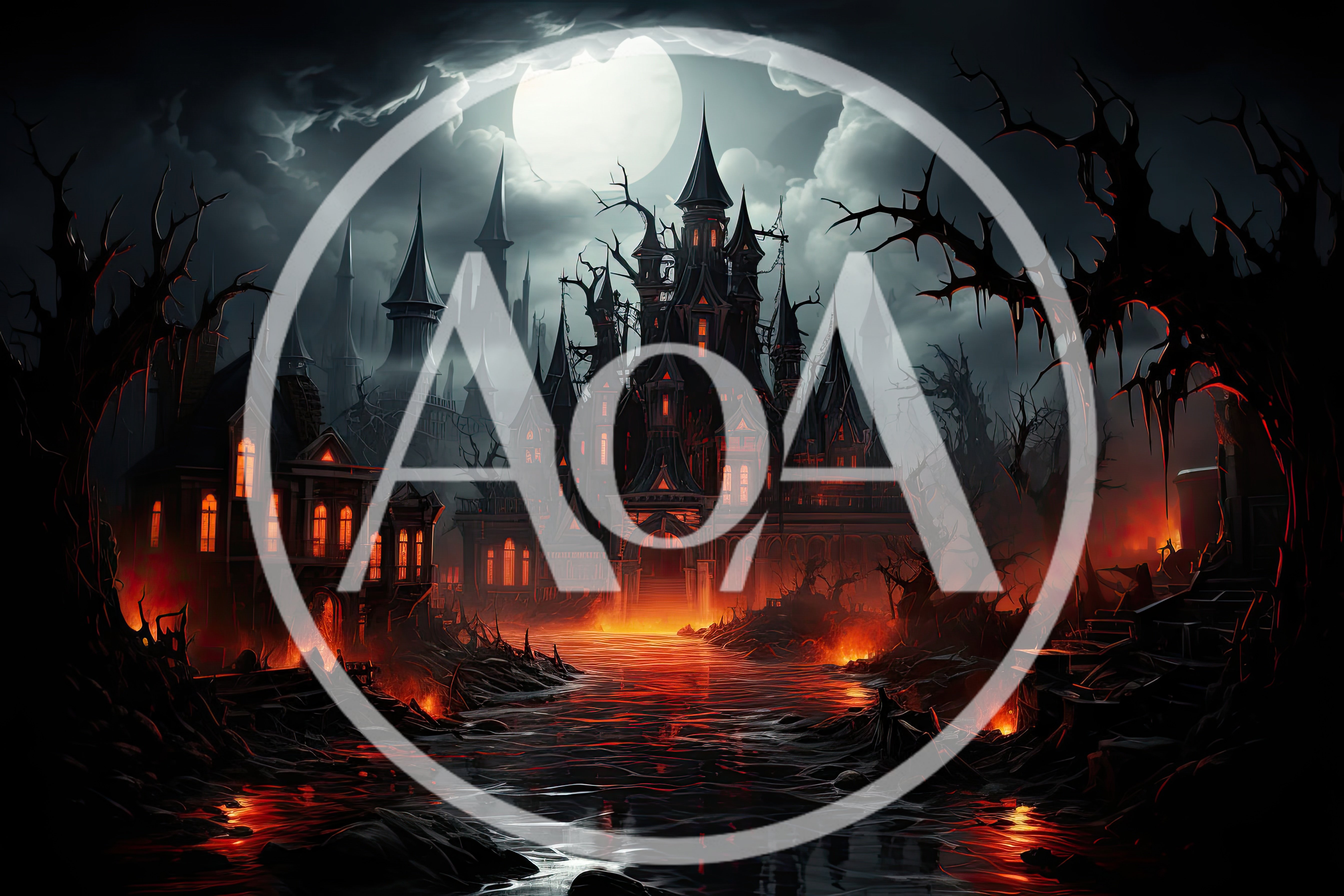 Gothic Haunted Castle With Glowing Windows Under Full Moon