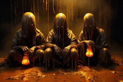 Three Mysterious Hooded Figures Sitting In Dark Gloom