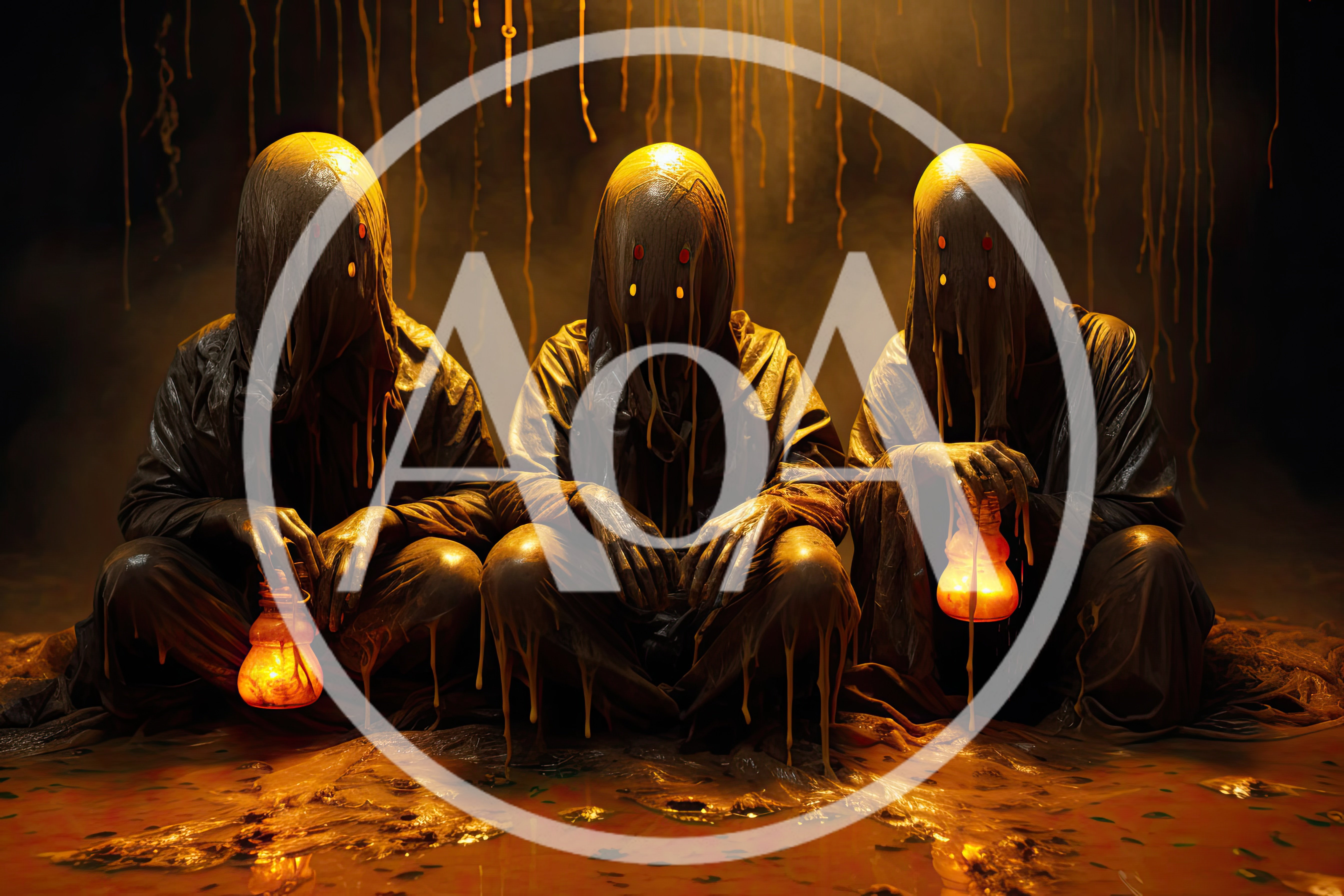Three Mysterious Hooded Figures Sitting In Dark Gloom