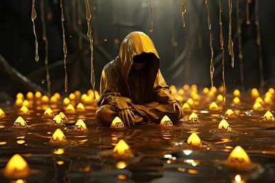Golden Hooded Figure Meditating Amidst Glowing Floating Orbs