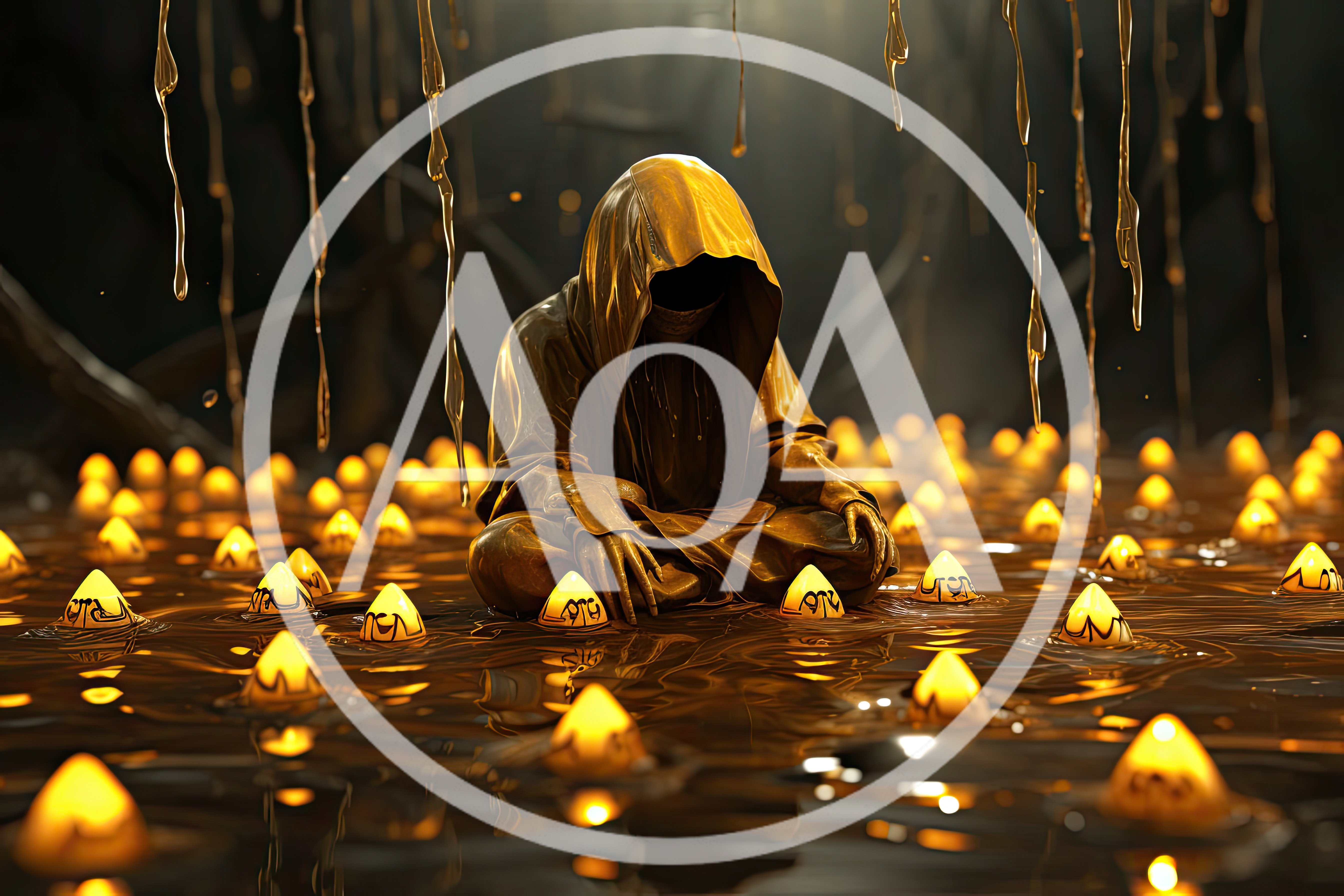 Golden Hooded Figure Meditating Amidst Glowing Floating Orbs