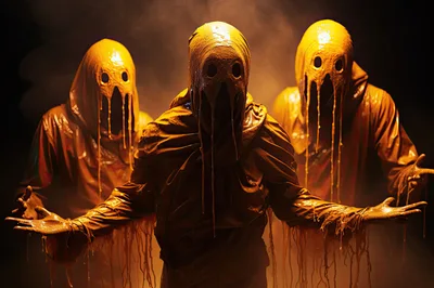Three Eerie Figures In Dripping Yellow Hooded Robes