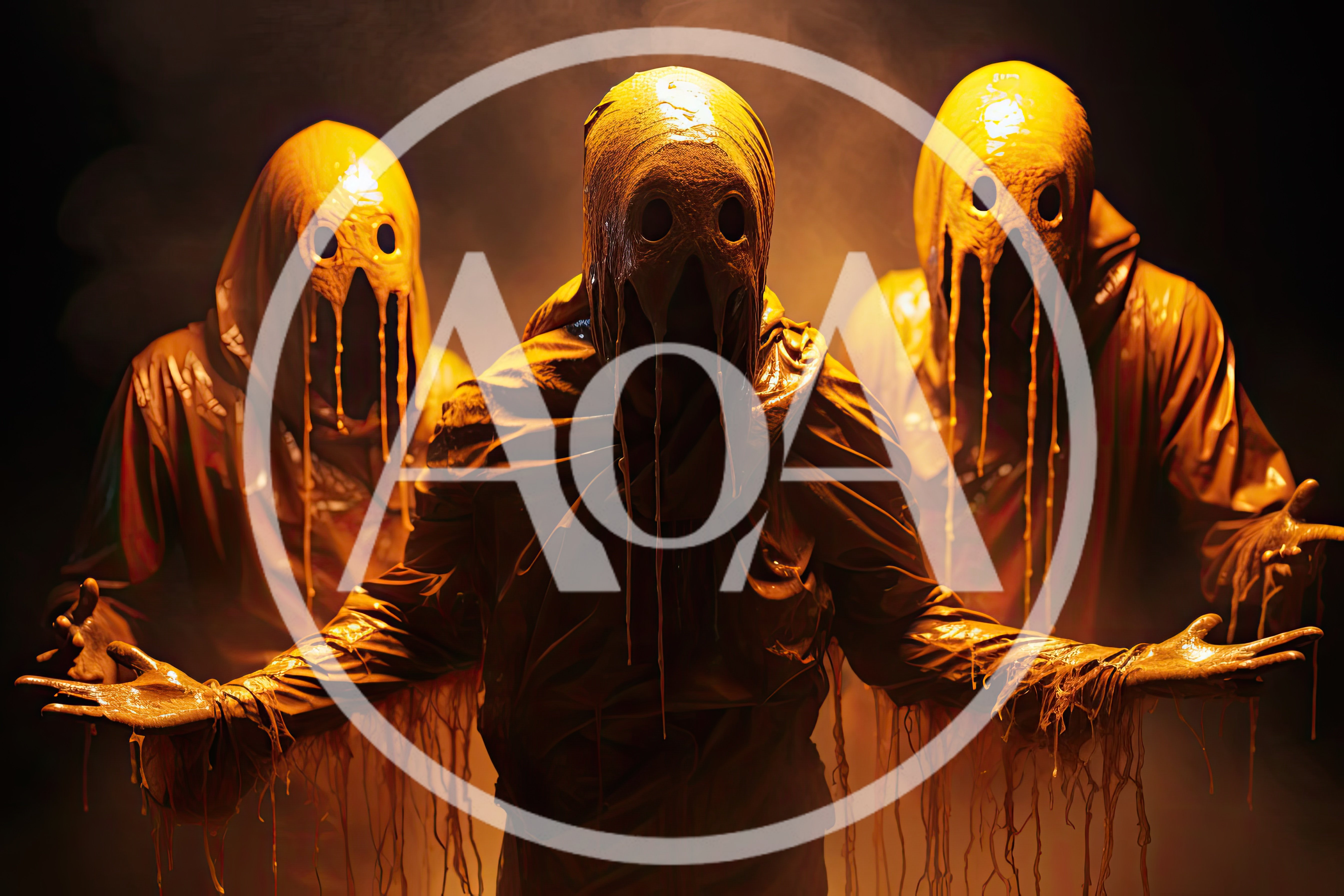 Three Eerie Figures In Dripping Yellow Hooded Robes